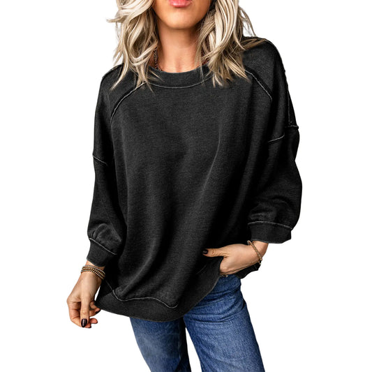 Women's Oversized Acid Wash Pullover Sweatshirt – Vintage Cotton Crew Neck
