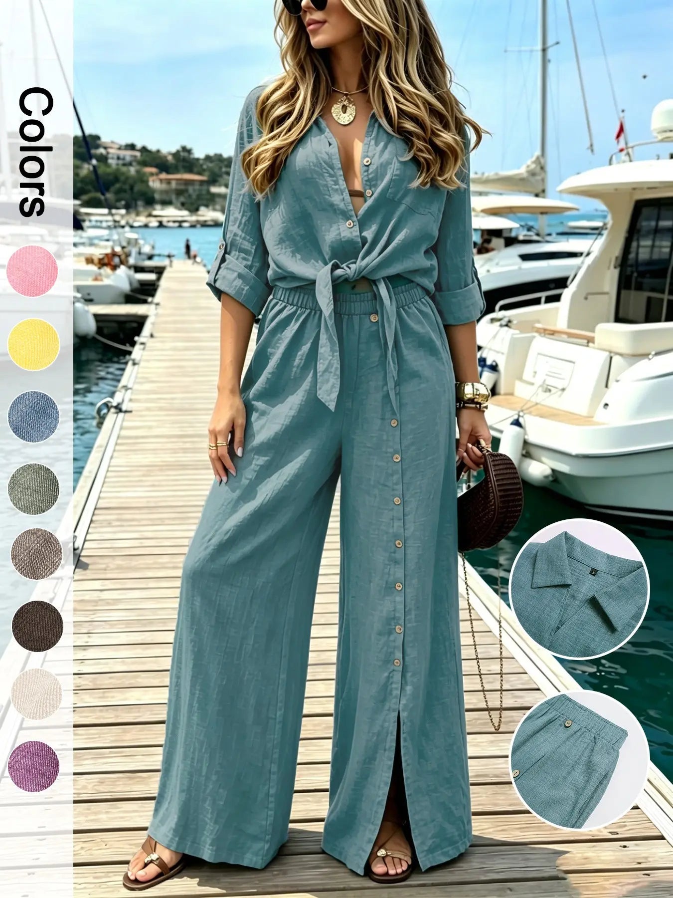 Women's Two-Piece Vacation Set – Knot Top with Button Detail & Wide-Leg Pants