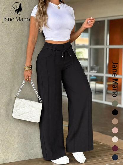 Women's Wide Leg Pants – High Waist Elastic Waistband, Straight-Leg Trousers