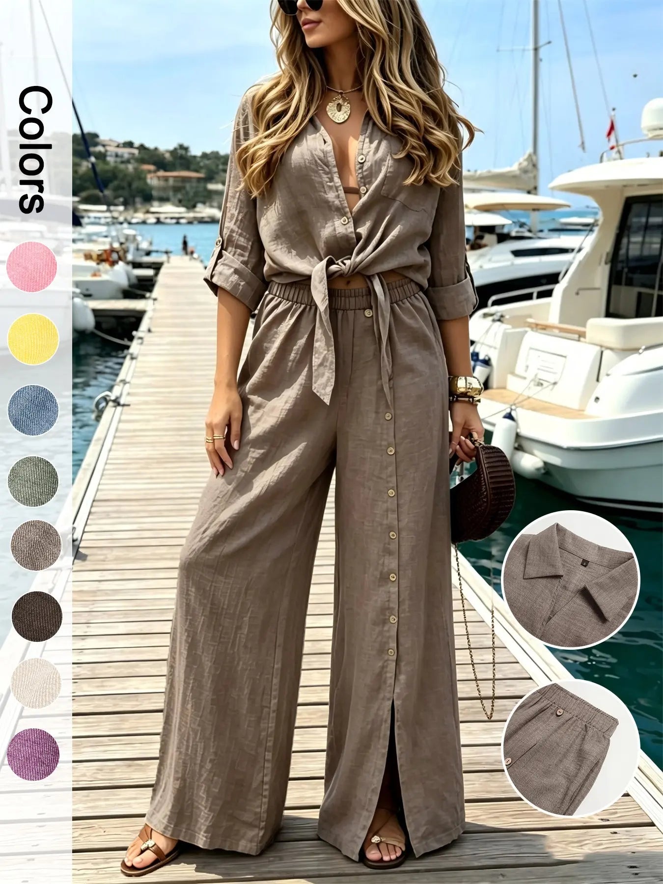Women's Two-Piece Vacation Set – Knot Top with Button Detail & Wide-Leg Pants