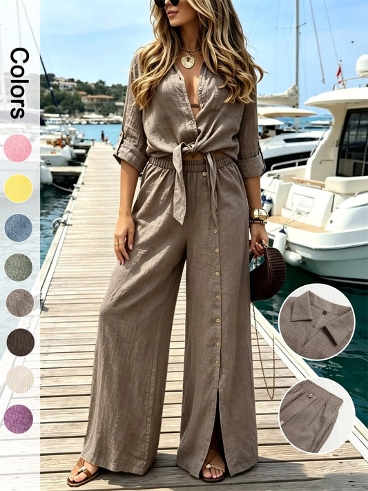 Women's Two-Piece Vacation Set – Knot Top with Button Detail & Wide-Leg Pants