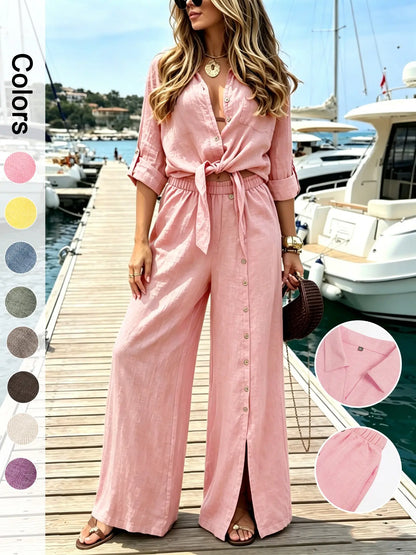 Women's Two-Piece Vacation Set – Knot Top with Button Detail & Wide-Leg Pants
