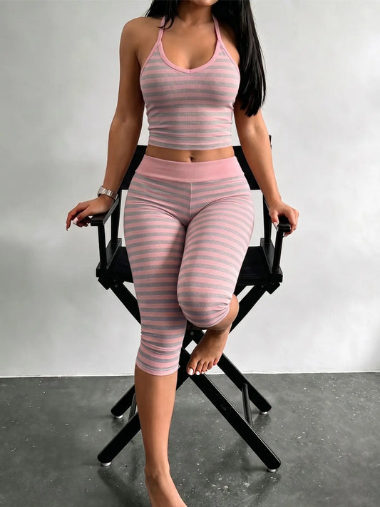 Yellow & Grey Striped Two-Piece Loungewear Set – Crop Top & High-Waist Capri Leggings