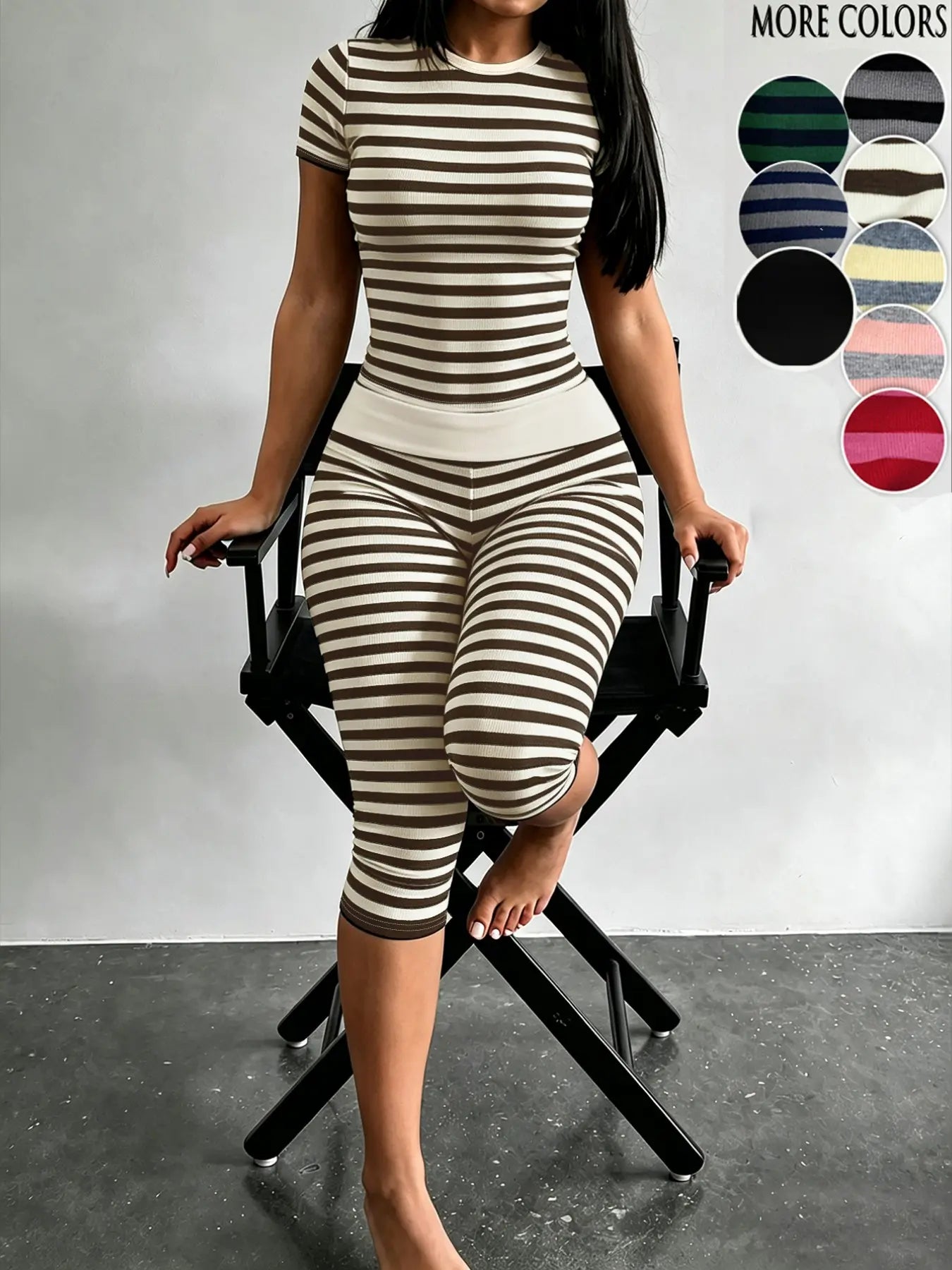 Yellow & Grey Striped Two-Piece Loungewear Set – Crop Top & High-Waist Capri Leggings