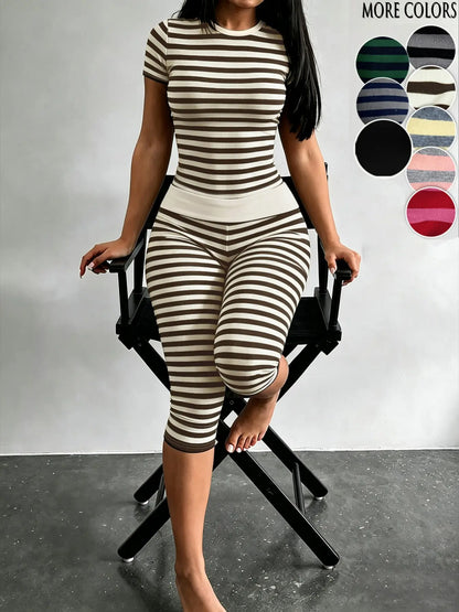Yellow & Grey Striped Two-Piece Loungewear Set – Crop Top & High-Waist Capri Leggings