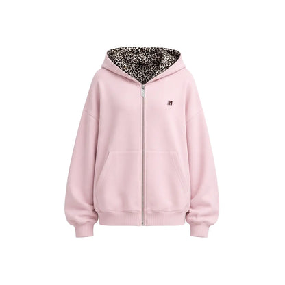 Leopard Print Zip-Up Hoodie – Oversized Cropped, Cute Ears Hood, Women Fleece