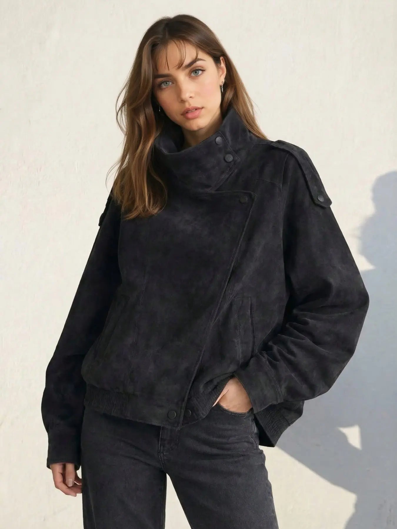 Women's Vintage Moto Jacket – Faux Leather, Stand Collar, Asymmetrical Design