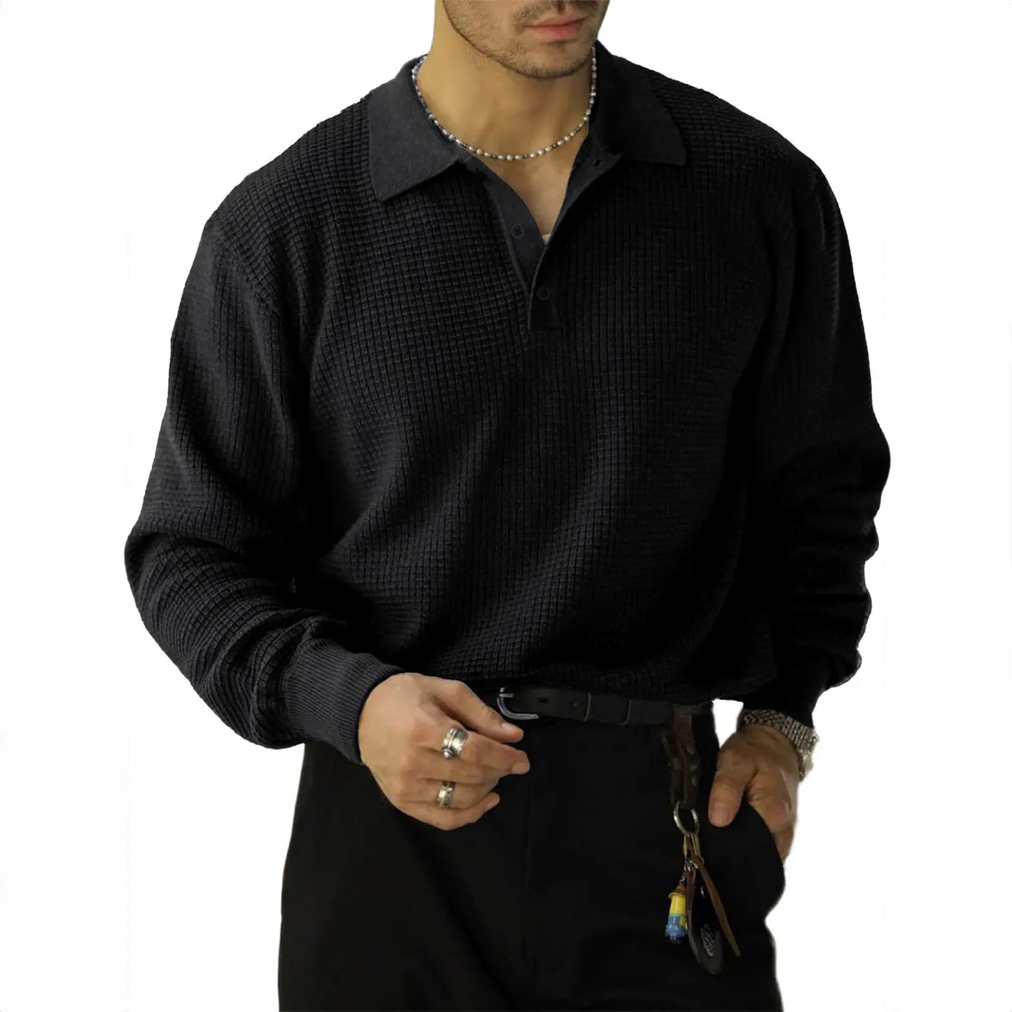 Men's Waffle Knit Quarter-Button Polo Sweater
