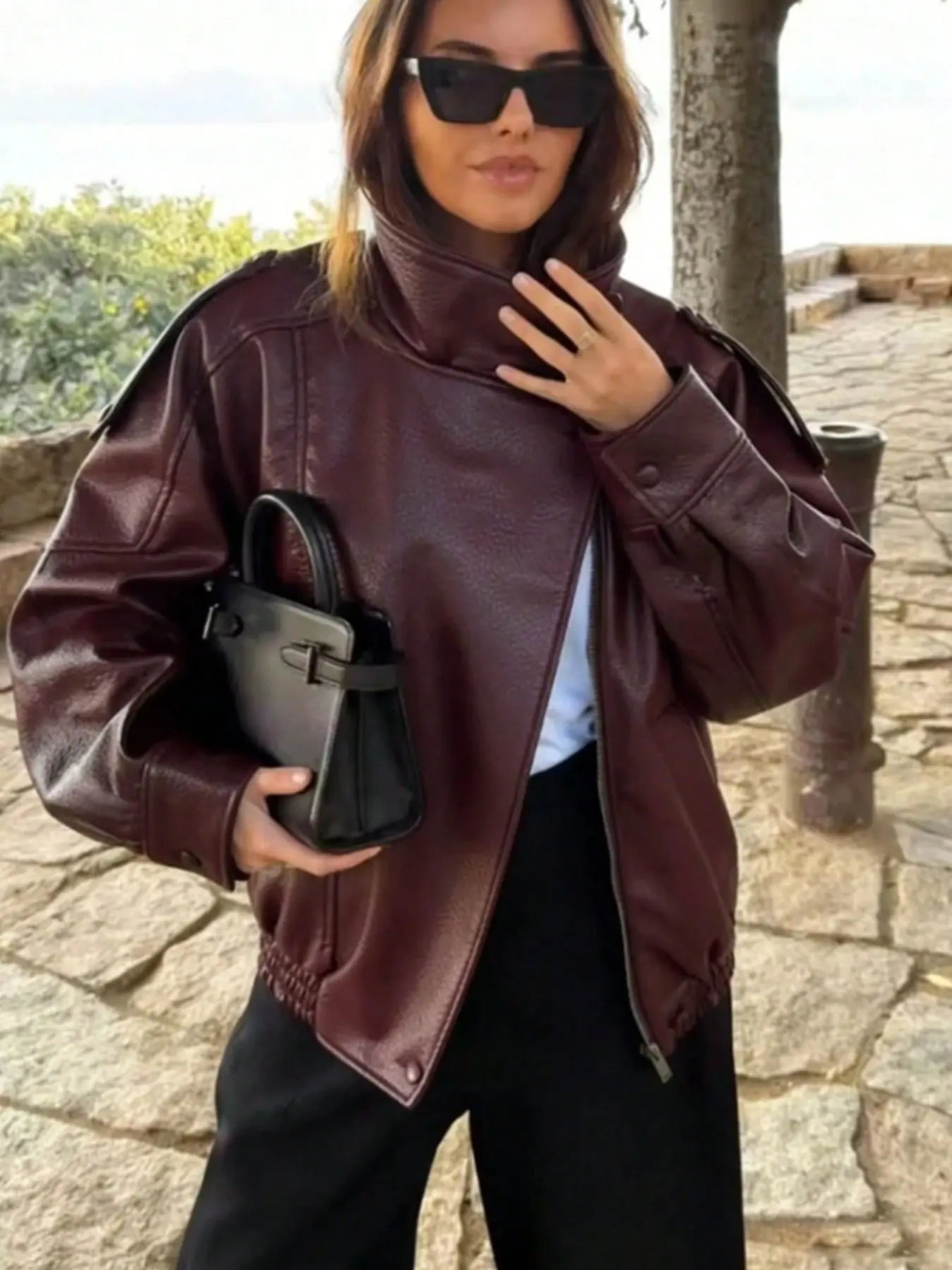 Women's Vintage Moto Jacket – Faux Leather, Stand Collar, Asymmetrical Design