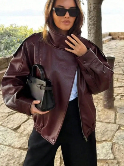 Women's Vintage Moto Jacket – Faux Leather, Stand Collar, Asymmetrical Design