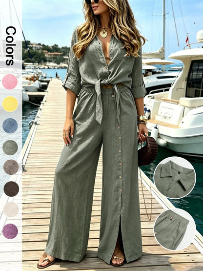 Women's Two-Piece Vacation Set – Knot Top with Button Detail & Wide-Leg Pants
