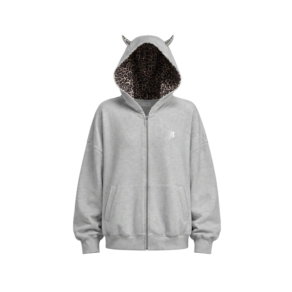 Leopard Print Zip-Up Hoodie – Oversized Cropped, Cute Ears Hood, Women Fleece