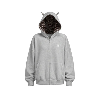Leopard Print Zip-Up Hoodie – Oversized Cropped, Cute Ears Hood, Women Fleece