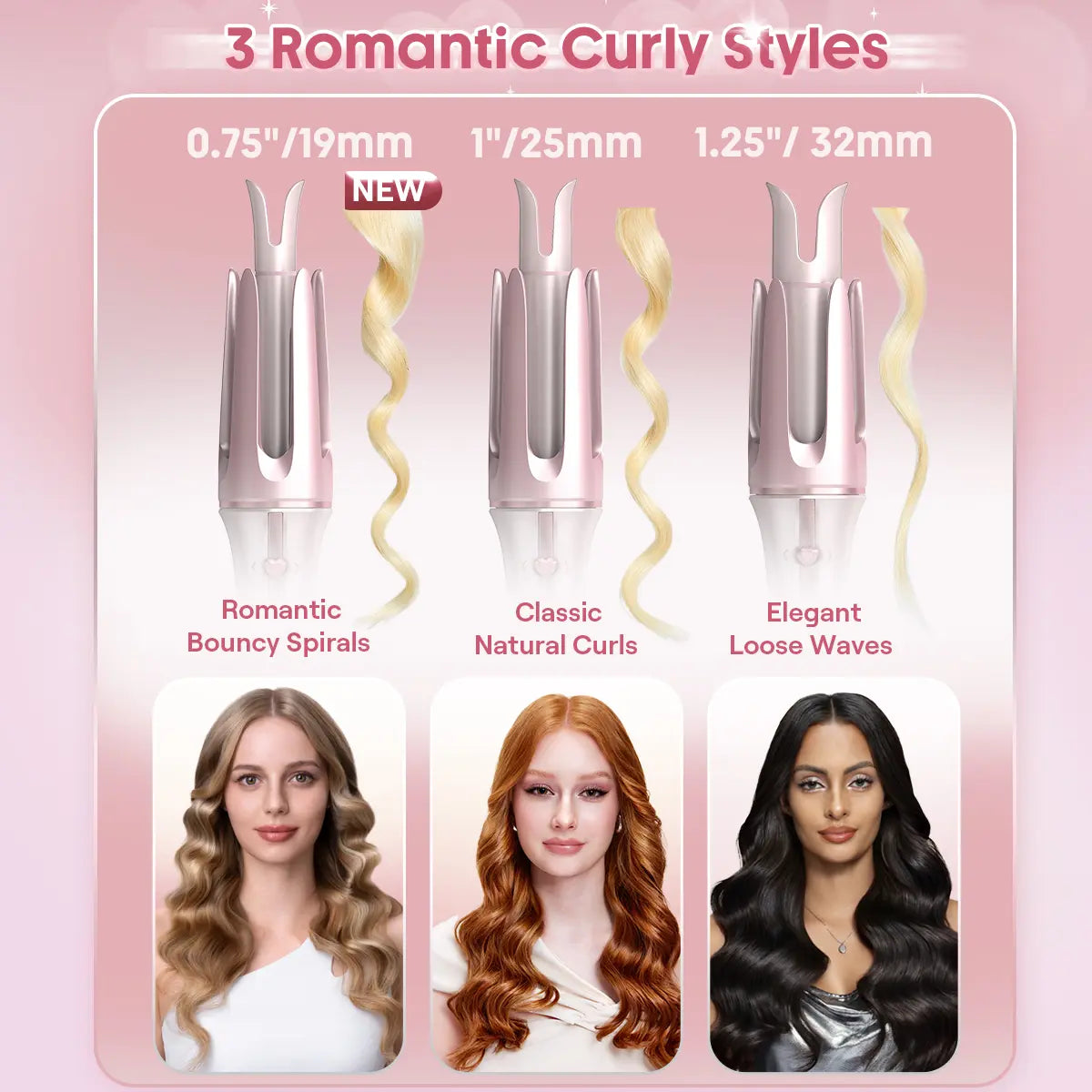 Automatic Curling Iron – 3 Barrel Sizes, 3-Level Temp, Ceramic Coating