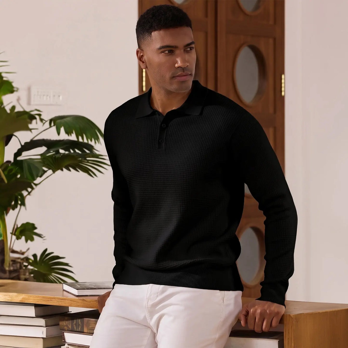 Men's Waffle Knit Quarter-Button Polo Sweater