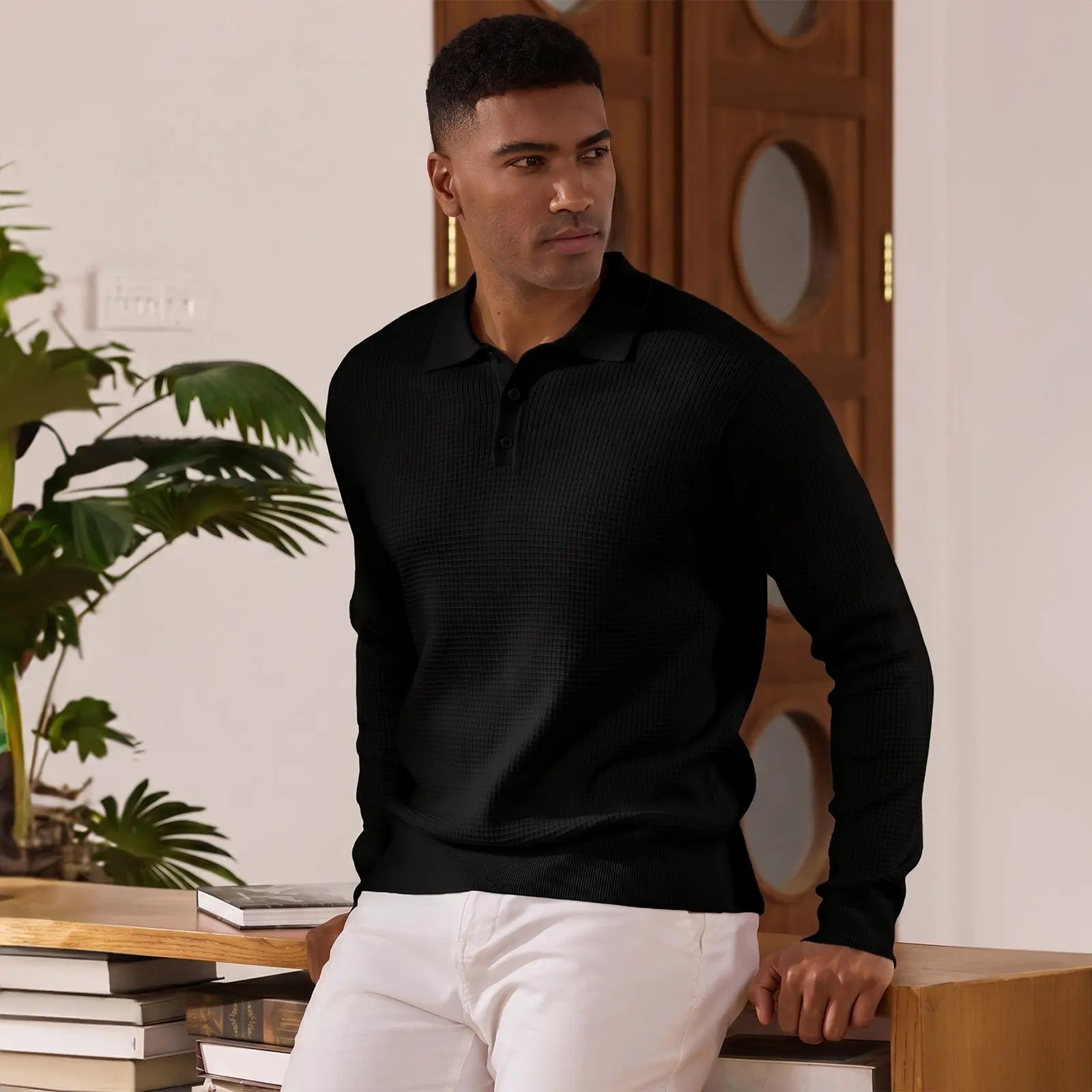 Men's Waffle Knit Quarter-Button Polo Sweater