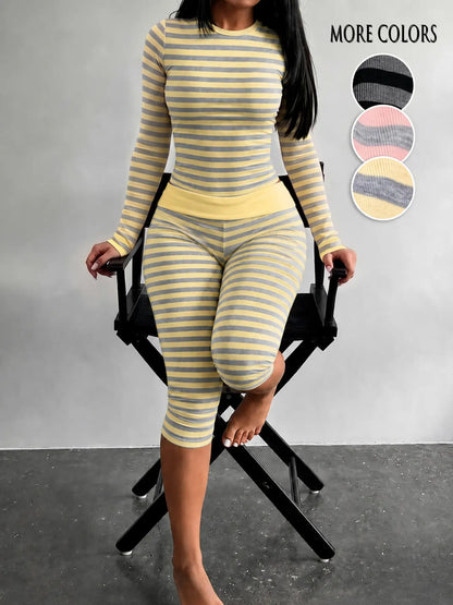 Yellow & Grey Striped Two-Piece Loungewear Set – Crop Top & High-Waist Capri Leggings