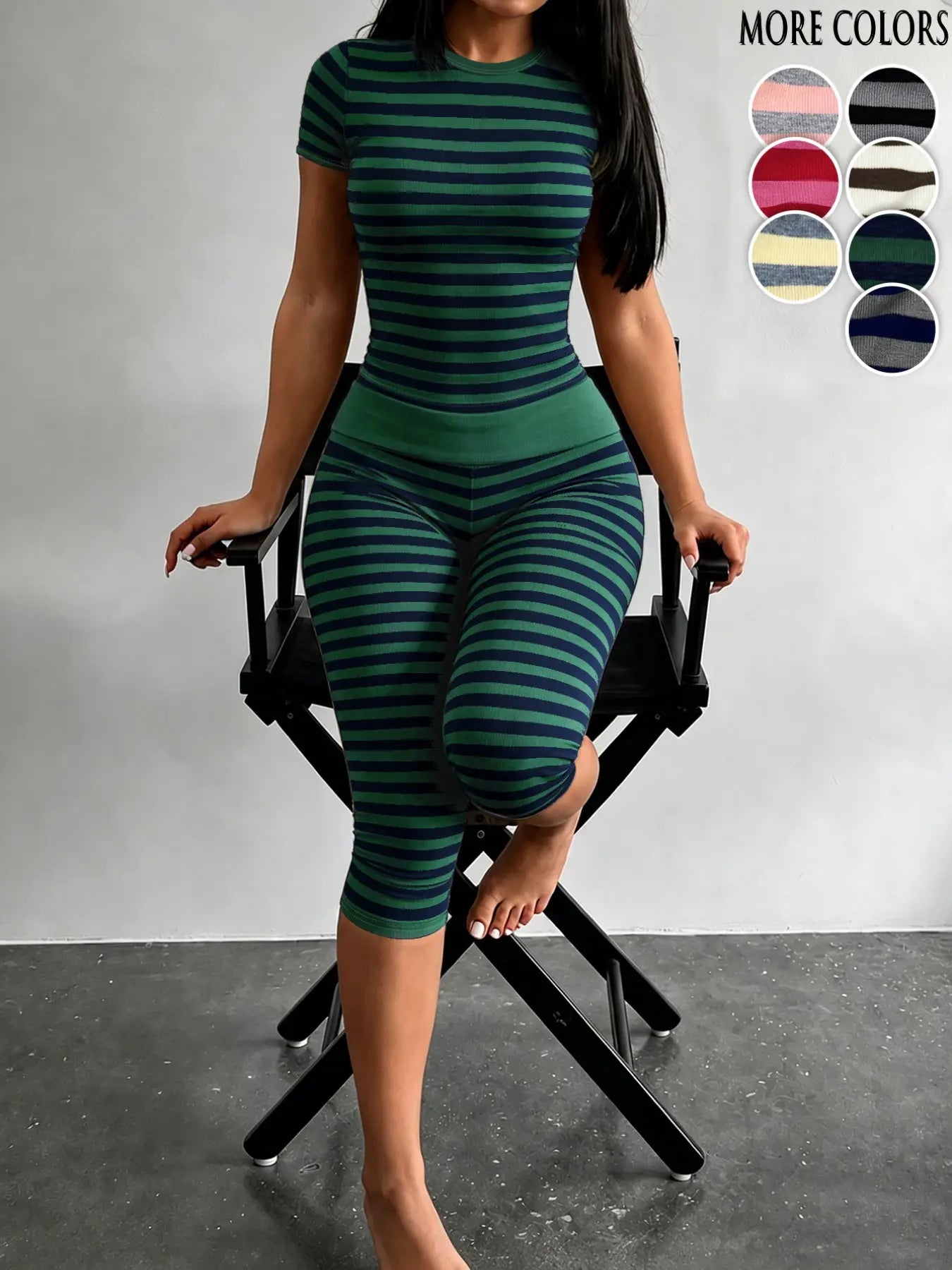 Yellow & Grey Striped Two-Piece Loungewear Set – Crop Top & High-Waist Capri Leggings
