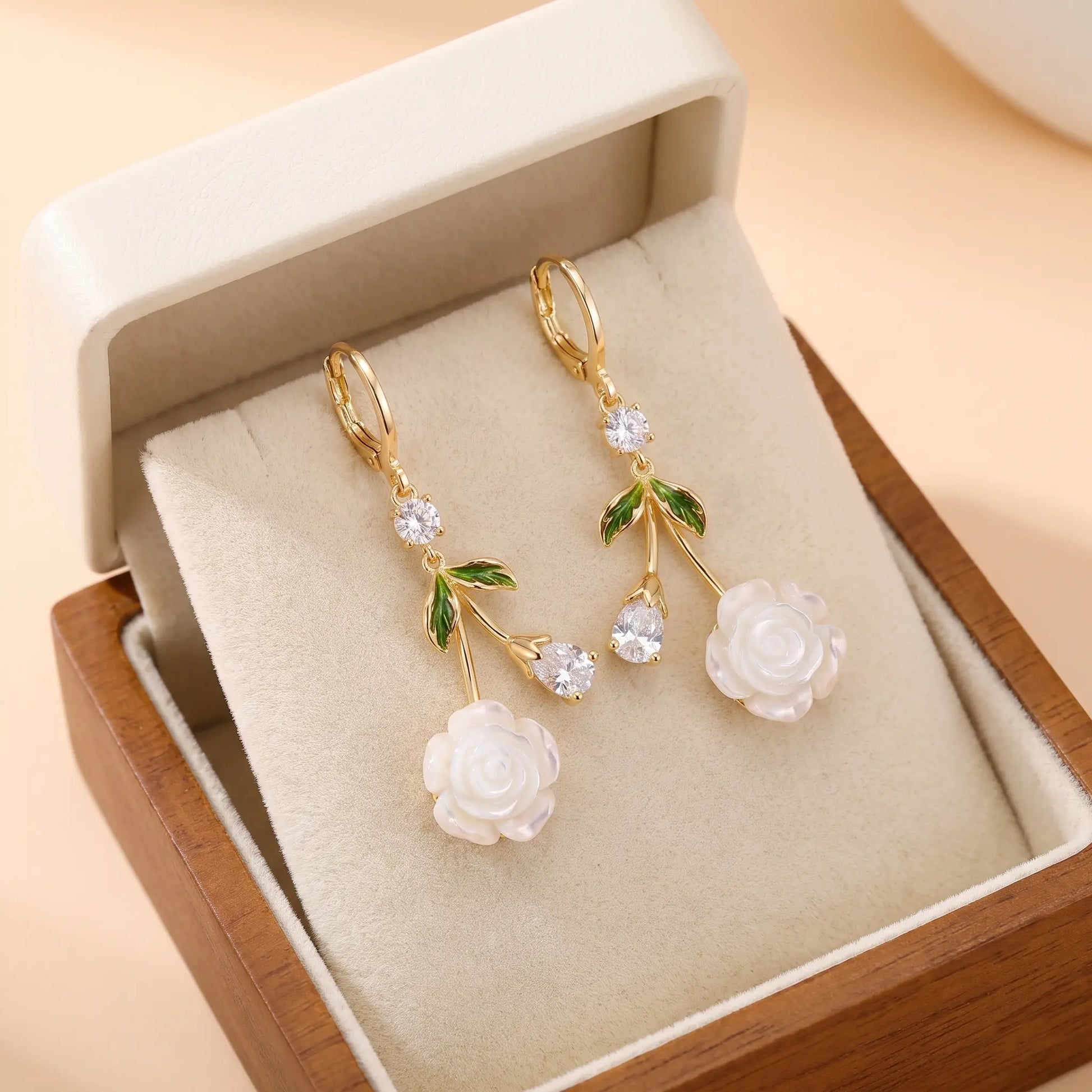 French White Rose Zircon Drop Earrings – Elegant Light Luxury Style
