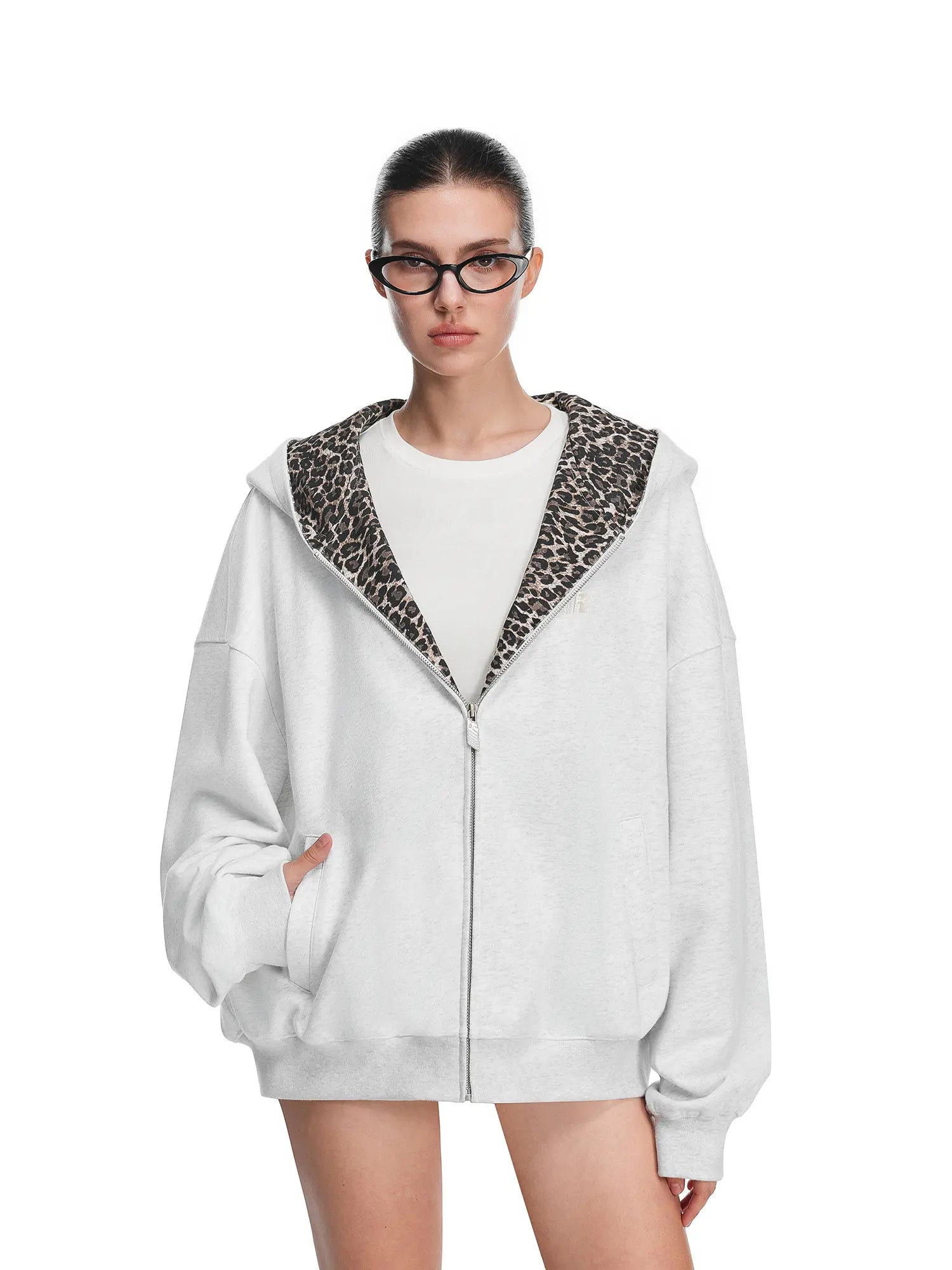 Leopard Print Zip-Up Hoodie – Oversized Cropped, Cute Ears Hood, Women Fleece