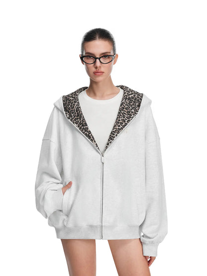 Leopard Print Zip-Up Hoodie – Oversized Cropped, Cute Ears Hood, Women Fleece