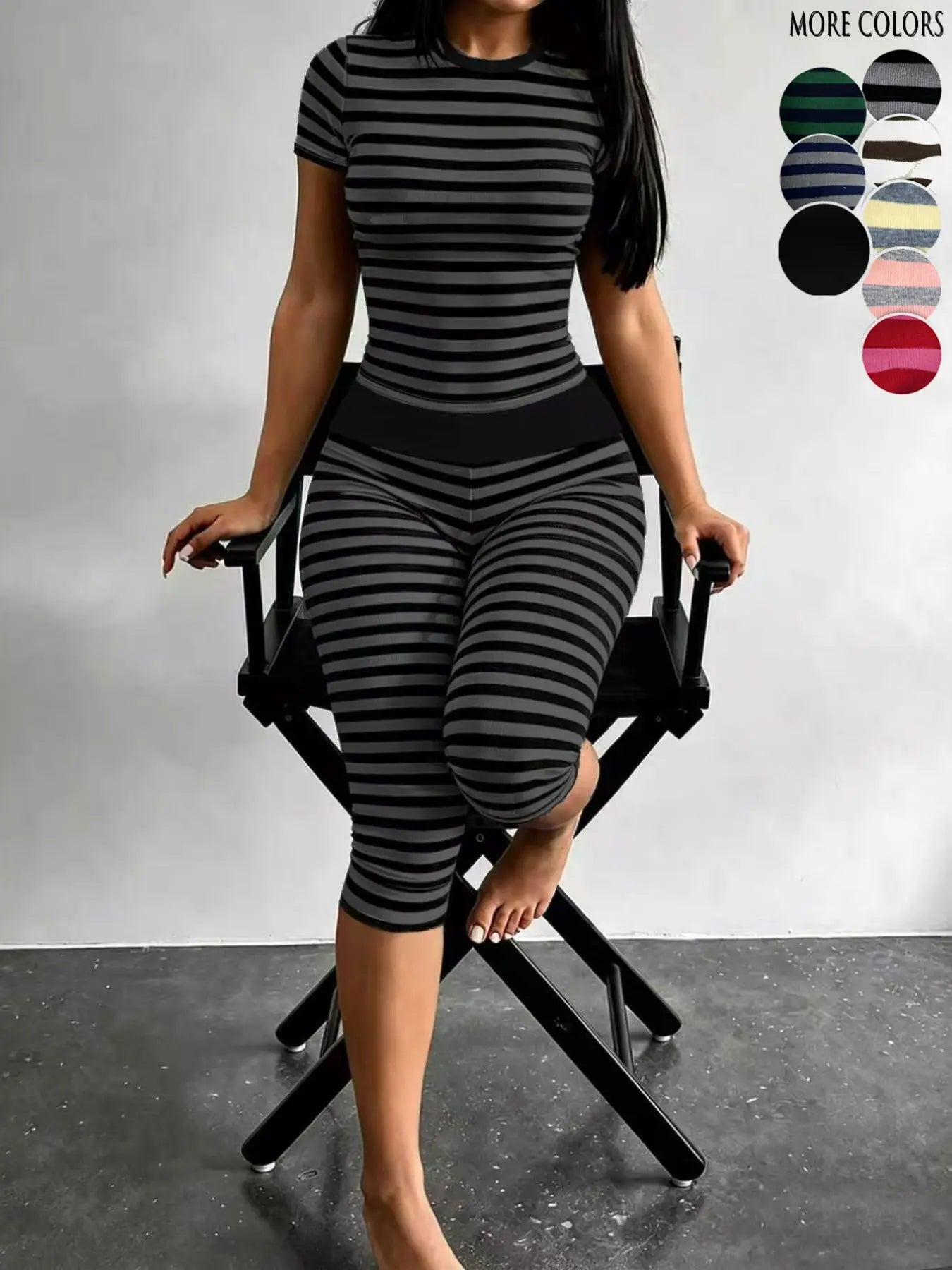 Yellow & Grey Striped Two-Piece Loungewear Set – Crop Top & High-Waist Capri Leggings
