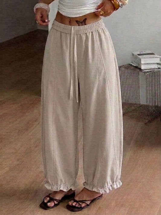 Women's Solid Creme Wide Leg Bubble Joggers