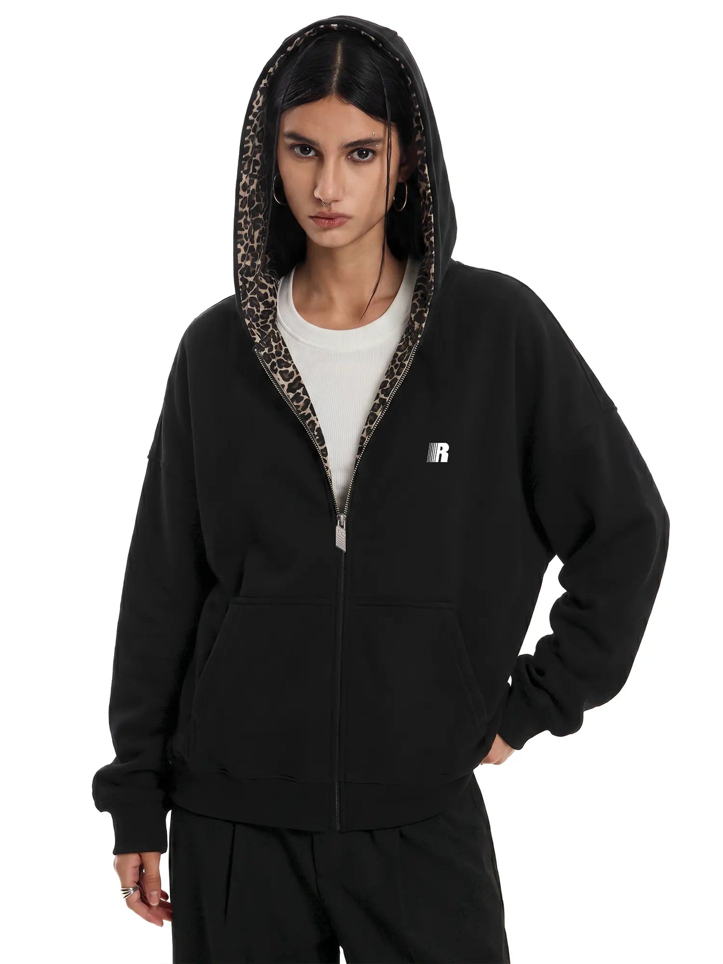 Leopard Print Zip-Up Hoodie – Oversized Cropped, Cute Ears Hood, Women Fleece
