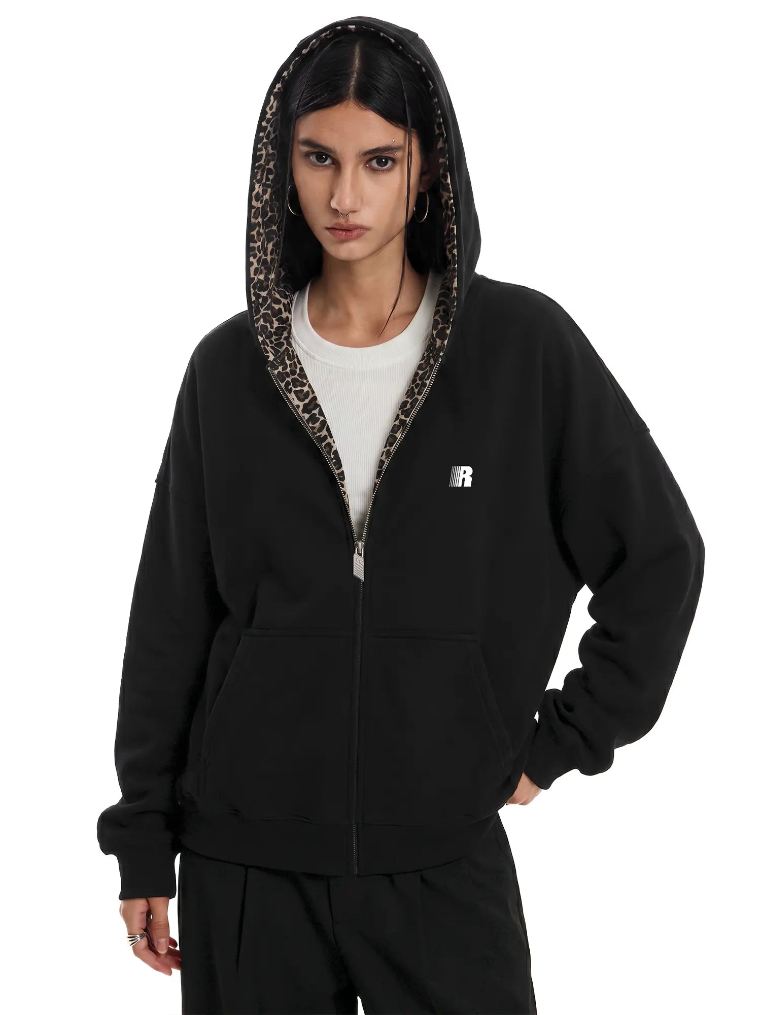 Leopard Print Zip-Up Hoodie – Oversized Cropped, Cute Ears Hood, Women Fleece