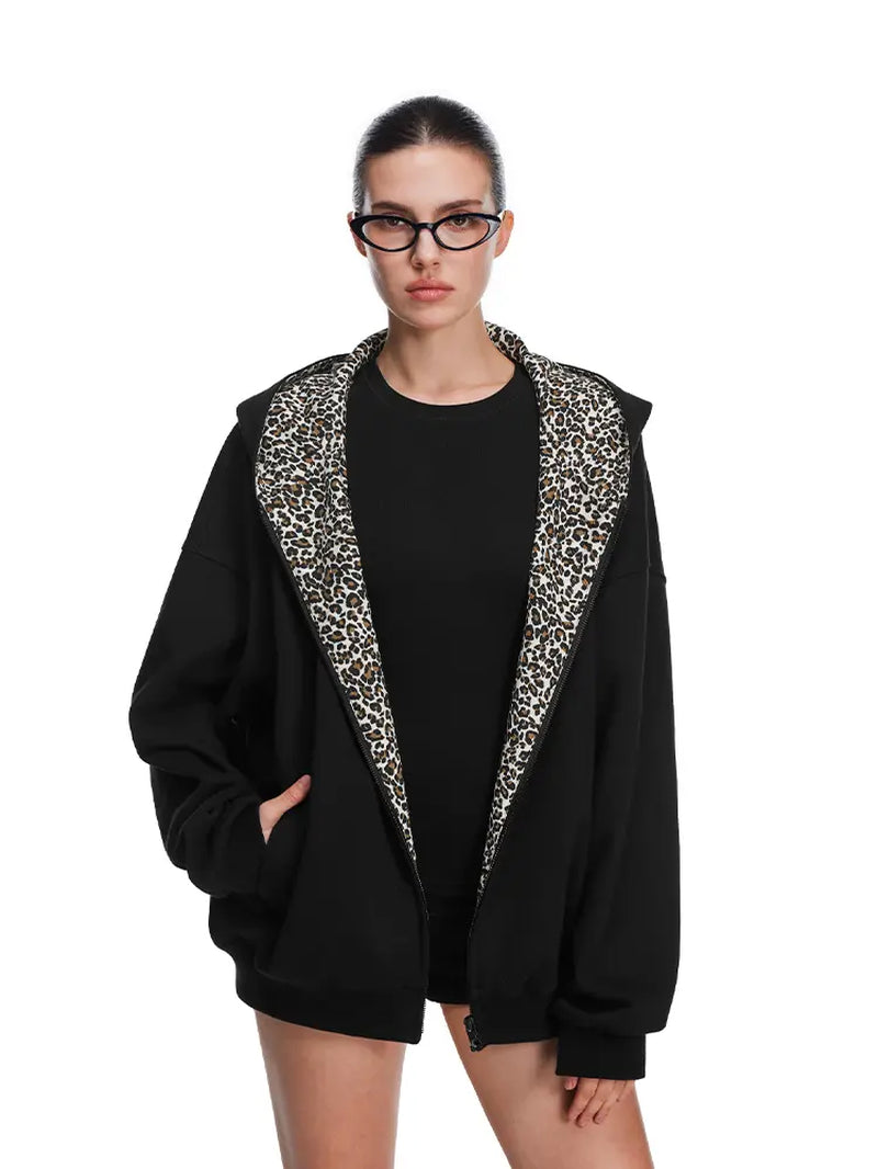 Leopard Print Zip-Up Hoodie – Oversized Cropped, Cute Ears Hood, Women Fleece