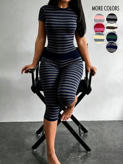 Yellow & Grey Striped Two-Piece Loungewear Set – Crop Top & High-Waist Capri Leggings
