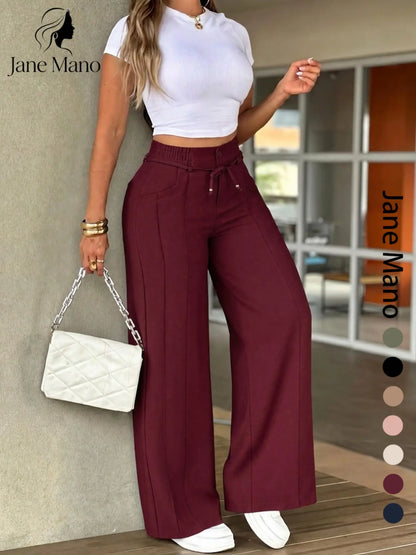 Women's Wide Leg Pants – High Waist Elastic Waistband, Straight-Leg Trousers