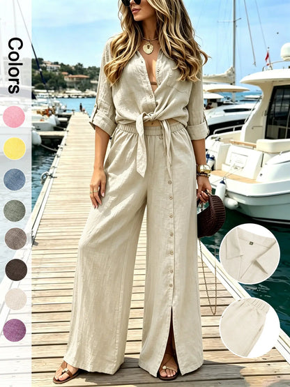 Women's Two-Piece Vacation Set – Knot Top with Button Detail & Wide-Leg Pants