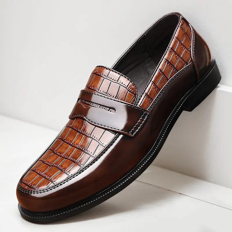 Men's Penny Loafers – Croc-Embossed Leather, Breathable, Rubber Sole, Slip-On