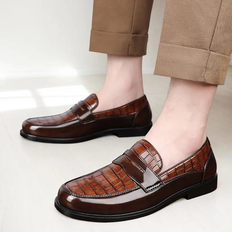 Men's Penny Loafers – Croc-Embossed Leather, Breathable, Rubber Sole, Slip-On