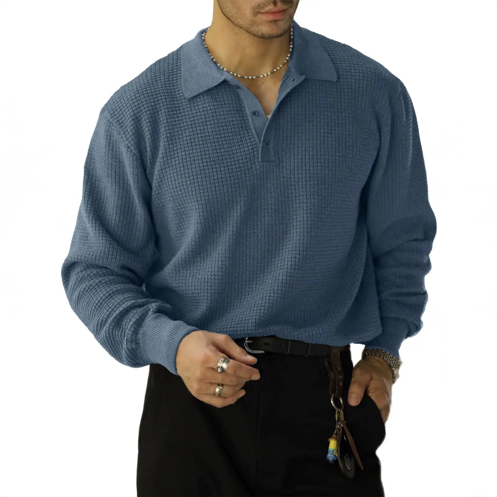 Men's Waffle Knit Quarter-Button Polo Sweater