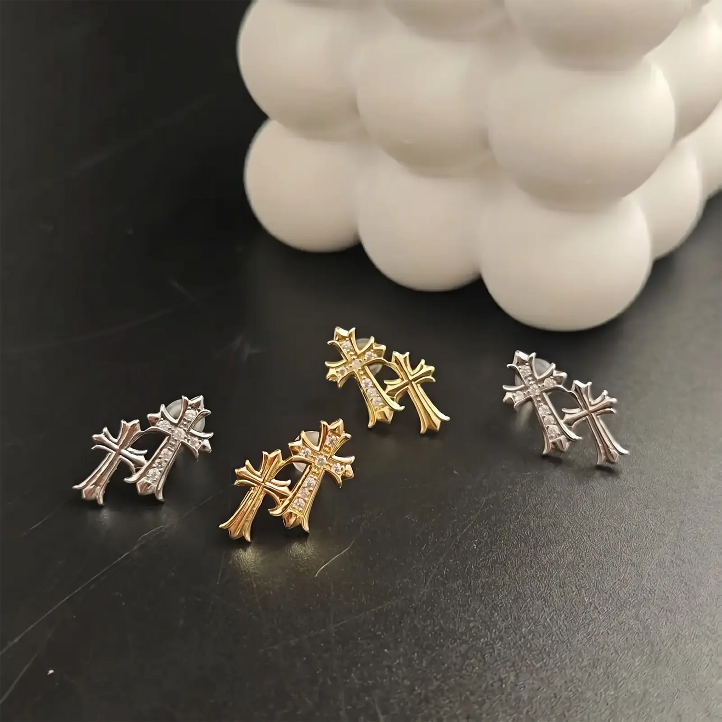  Cross Dangle Earrings – Zircon, 14K Gold Plated, Hypoallergenic