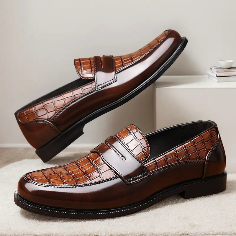 Men's Penny Loafers – Croc-Embossed Leather, Breathable, Rubber Sole, Slip-On
