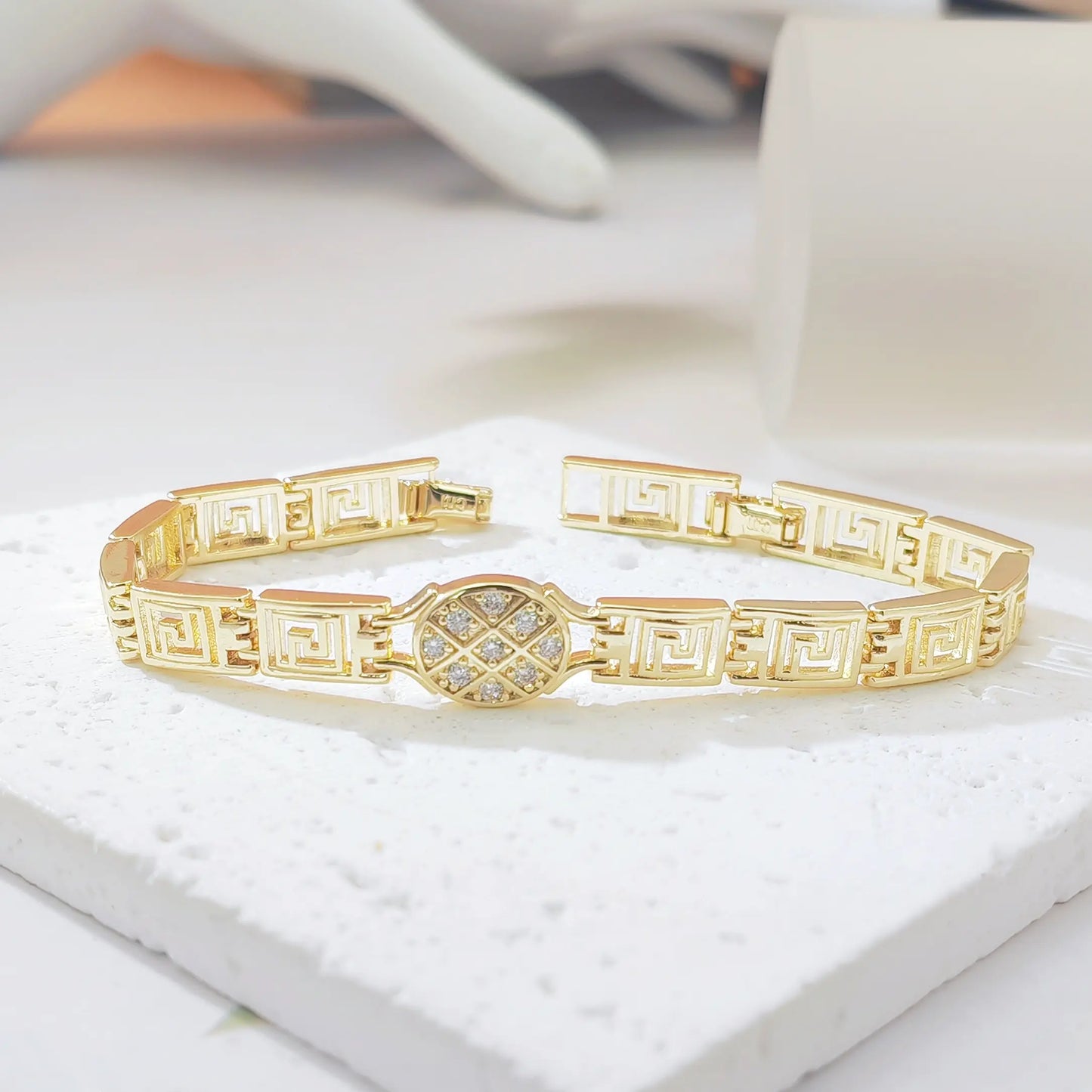 Greek Key Bracelet – 14K Gold Plated, Cubic Zirconia, Stackable