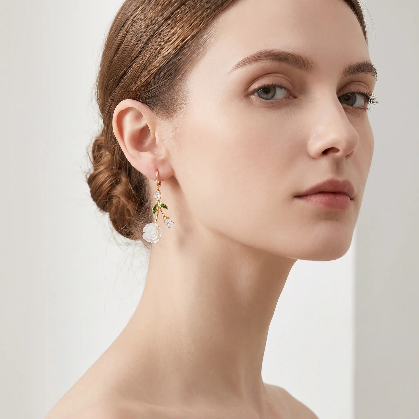 French White Rose Zircon Drop Earrings – Elegant Light Luxury Style