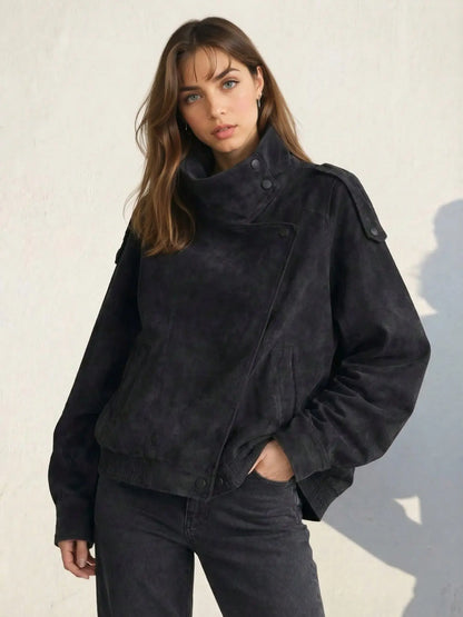 Women's Vintage Moto Jacket – Faux Leather, Stand Collar, Asymmetrical Design