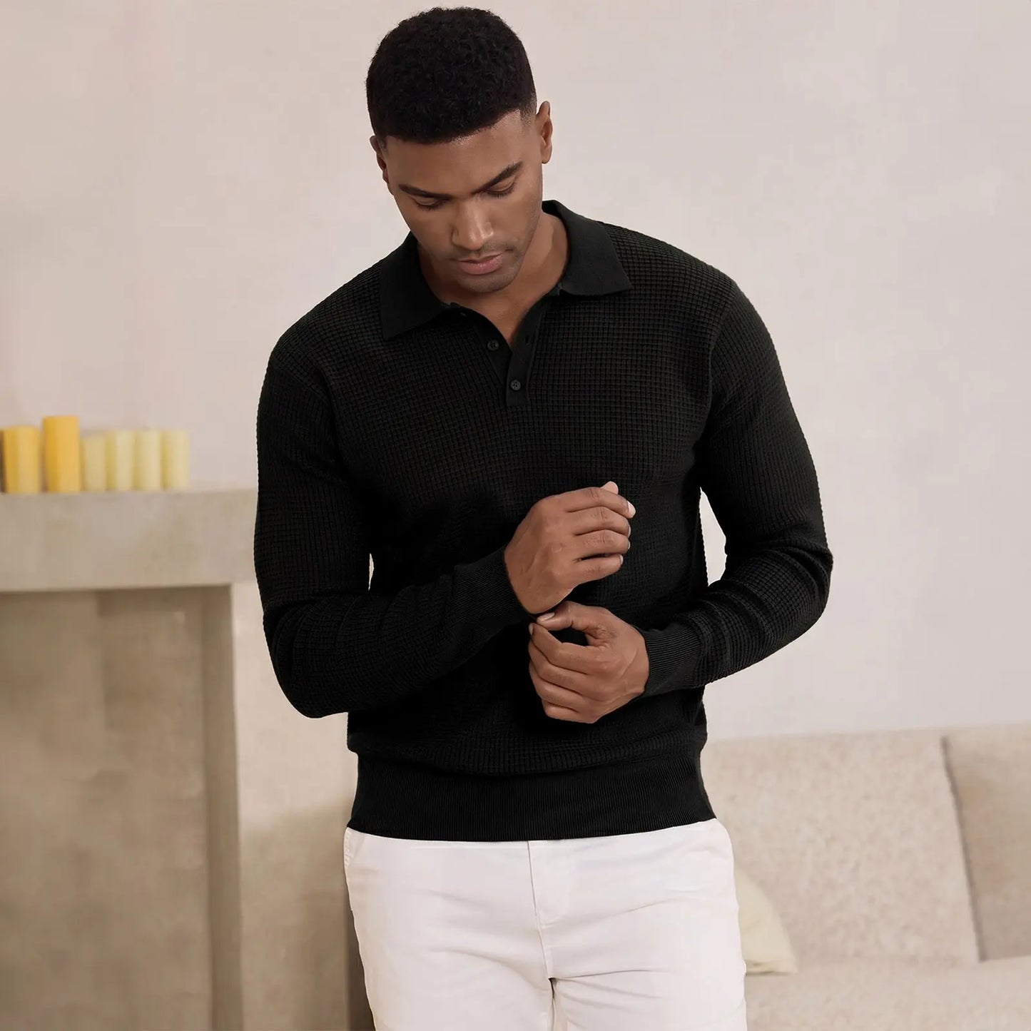 Men's Waffle Knit Quarter-Button Polo Sweater