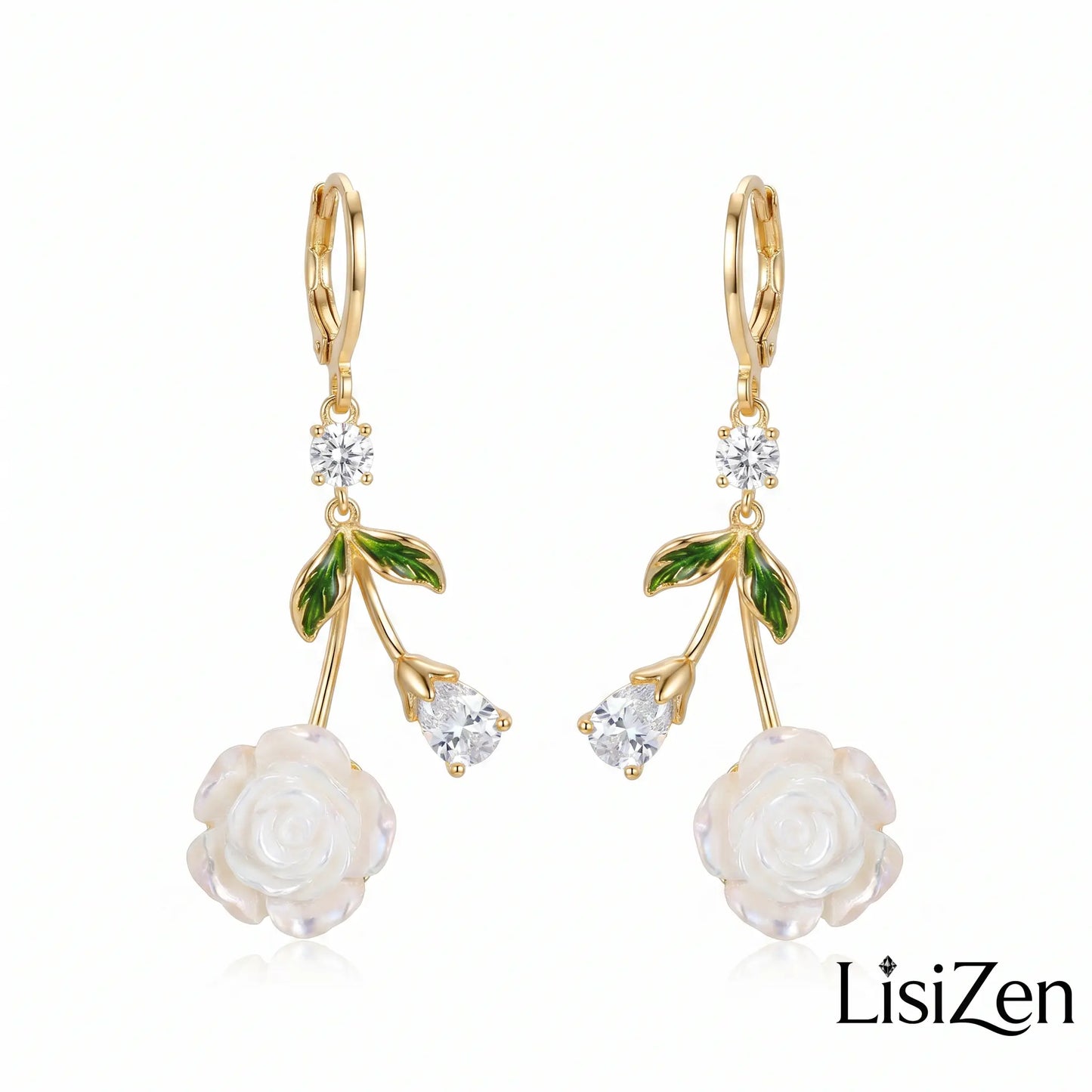 French White Rose Zircon Drop Earrings – Elegant Light Luxury Style