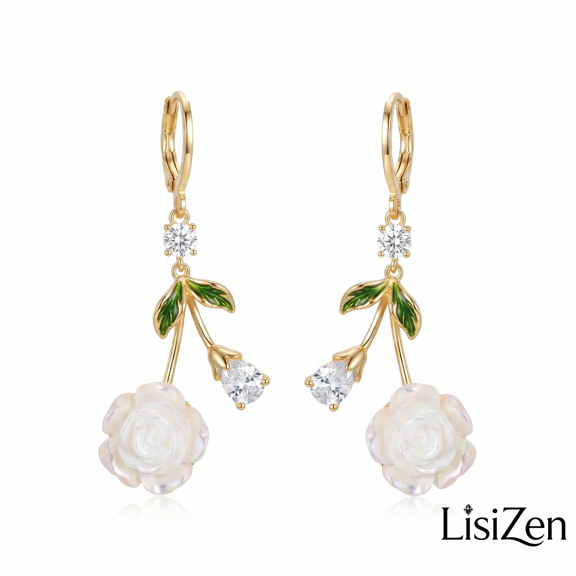 French White Rose Zircon Drop Earrings – Elegant Light Luxury Style