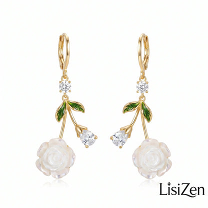 French White Rose Zircon Drop Earrings – Elegant Light Luxury Style