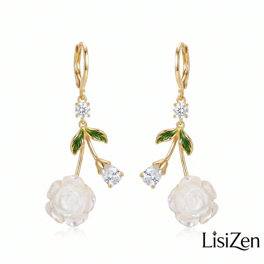 French White Rose Zircon Drop Earrings – Elegant Light Luxury Style