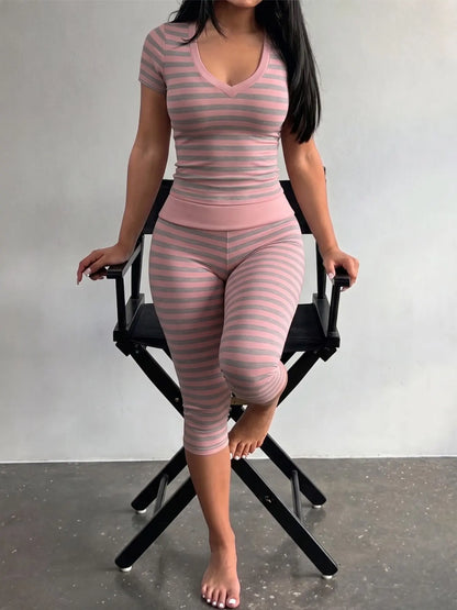 Yellow & Grey Striped Two-Piece Loungewear Set – Crop Top & High-Waist Capri Leggings