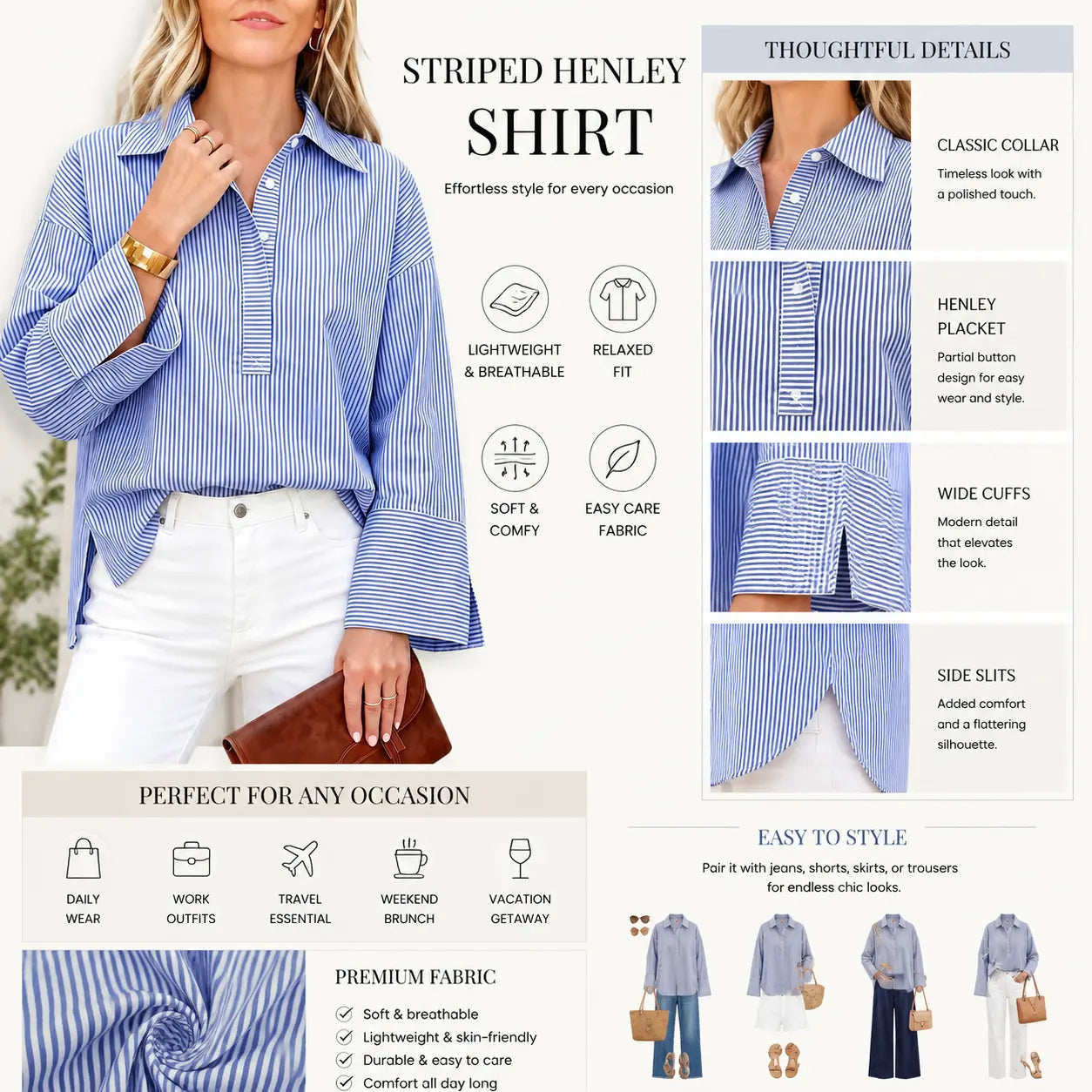 Women's Oversized Button-Down Henley Blouse