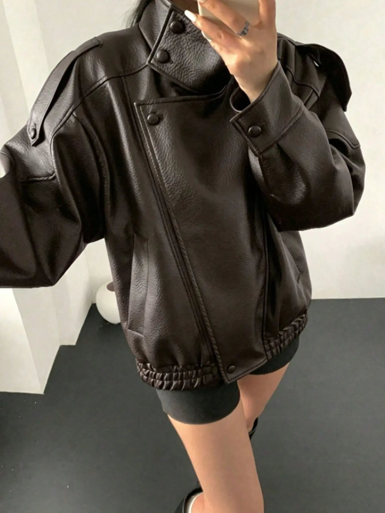 Women's Vintage Moto Jacket – Faux Leather, Stand Collar, Asymmetrical Design