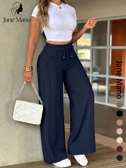 Women's Wide Leg Pants – High Waist Elastic Waistband, Straight-Leg Trousers